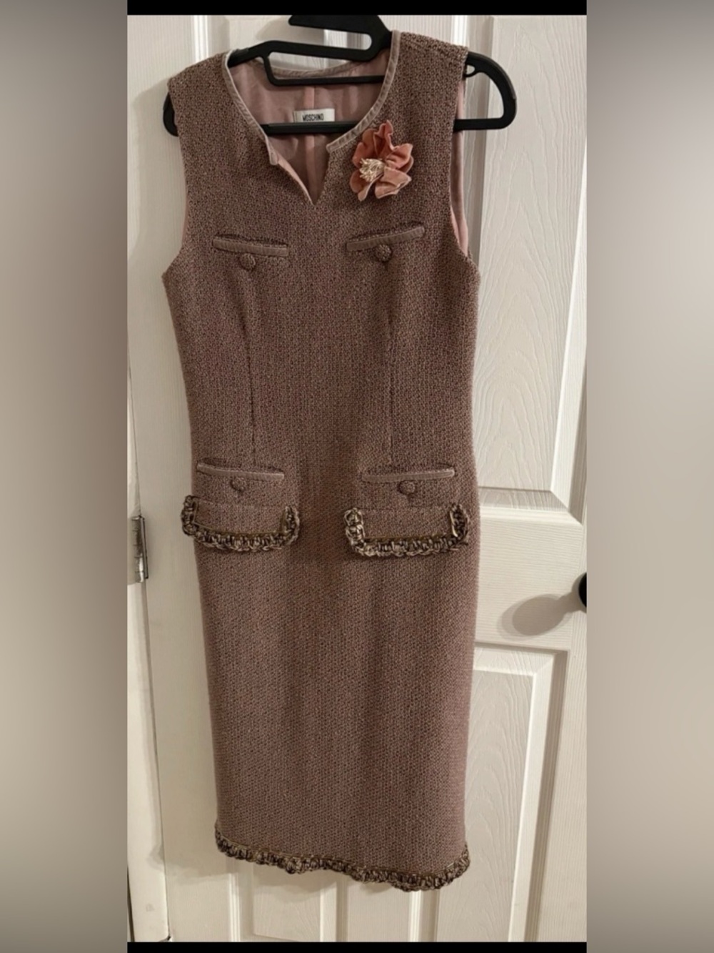 Vintage Moschino Dusty Pink Tweed Chain Trim Dress Virgin Wool